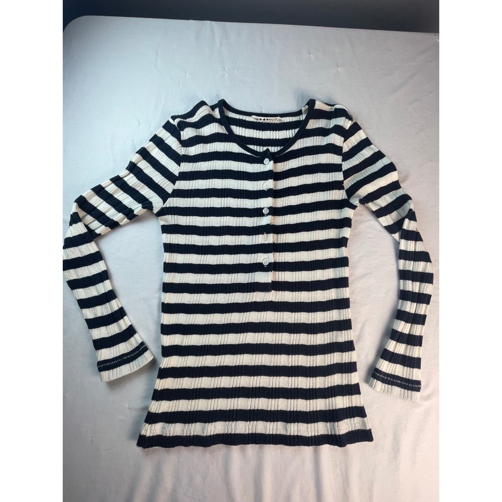 DOEN Womens Navy White Striped Ribbed Cotton Henley Long Sleeve Top Small